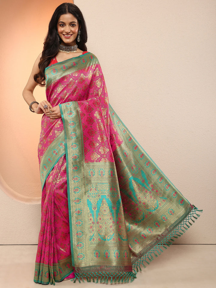 Pink Woven Design Silk Blend Saree With Unstitched Blouse Piece