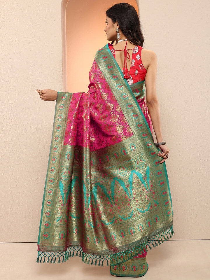 Pink Woven Design Silk Blend Saree With Unstitched Blouse Piece