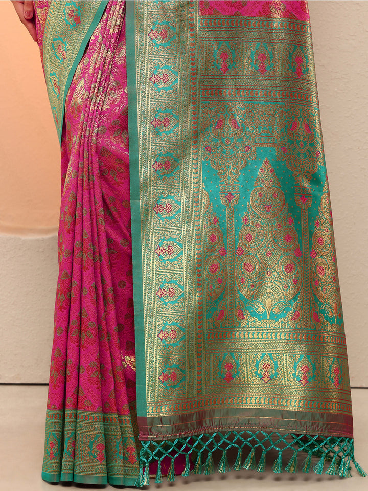 Pink Woven Design Silk Blend Saree With Unstitched Blouse Piece