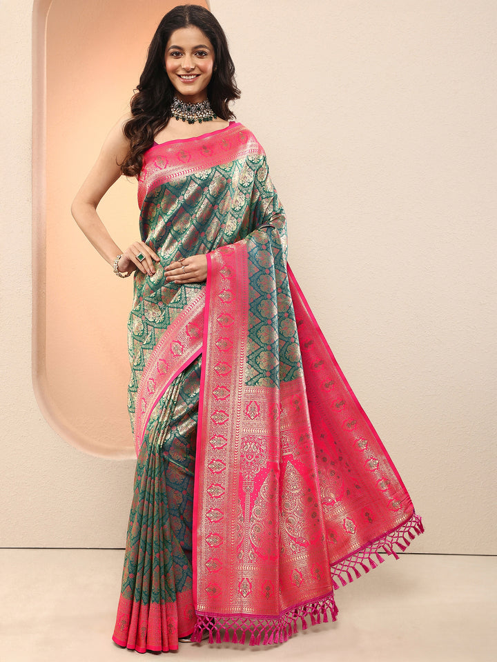 Green Woven Design Silk Blend Saree With Unstitched Blouse Piece