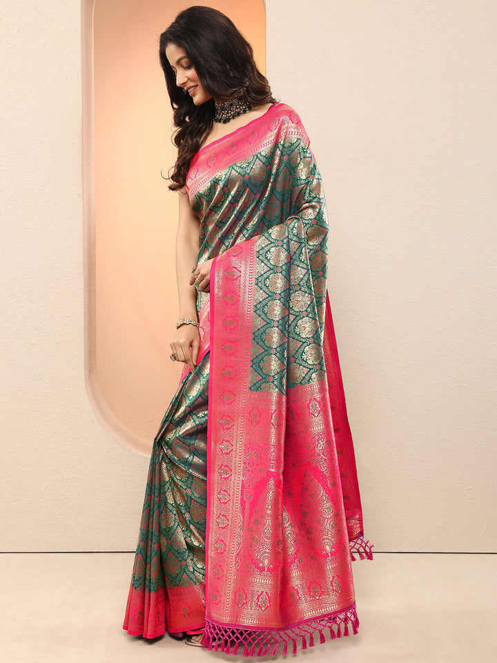 Green Woven Design Silk Blend Saree With Unstitched Blouse Piece