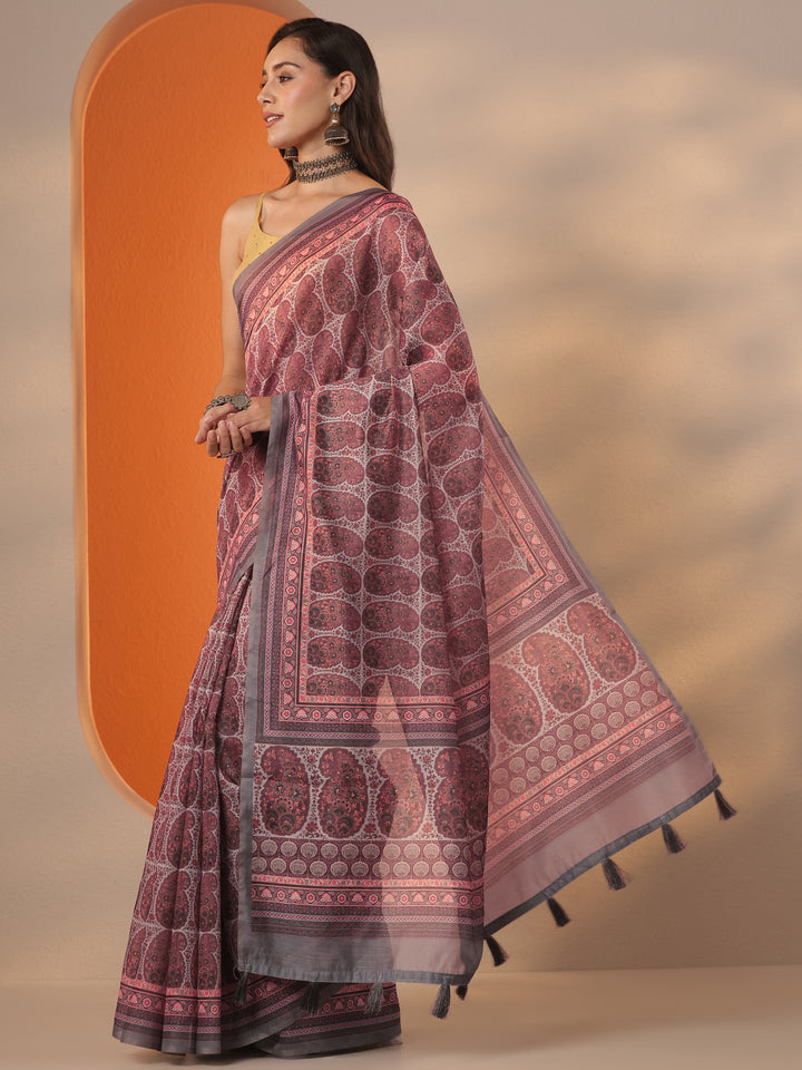 Grey Printed Silk Blend Saree With Unstitched Blouse Piece