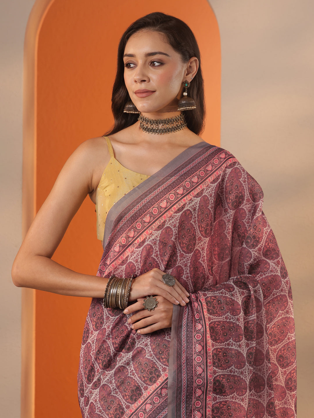Grey Printed Silk Blend Saree With Unstitched Blouse Piece
