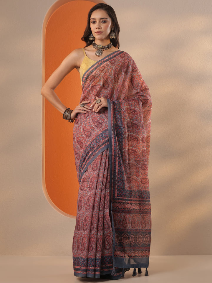 Grey Printed Silk Blend Saree With Unstitched Blouse Piece