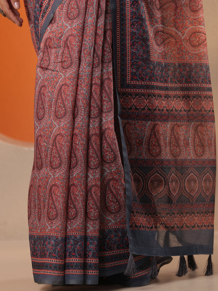 Grey Printed Silk Blend Saree With Unstitched Blouse Piece