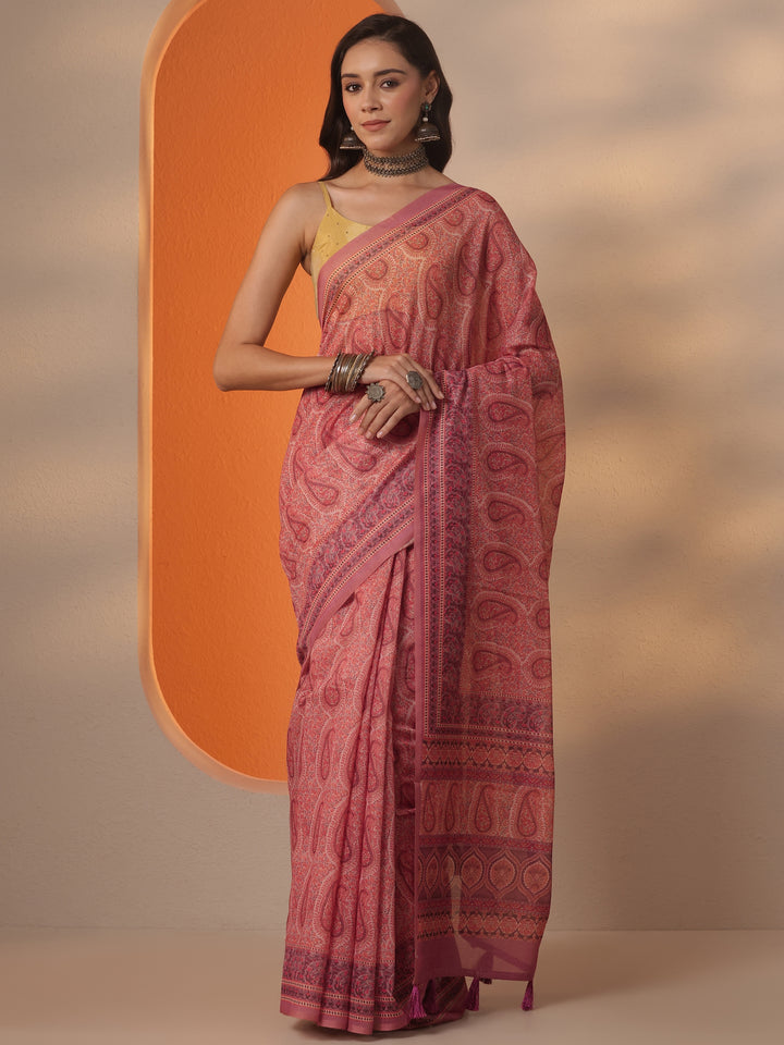 Pink Printed Silk Blend Saree With Unstitched Blouse Piece