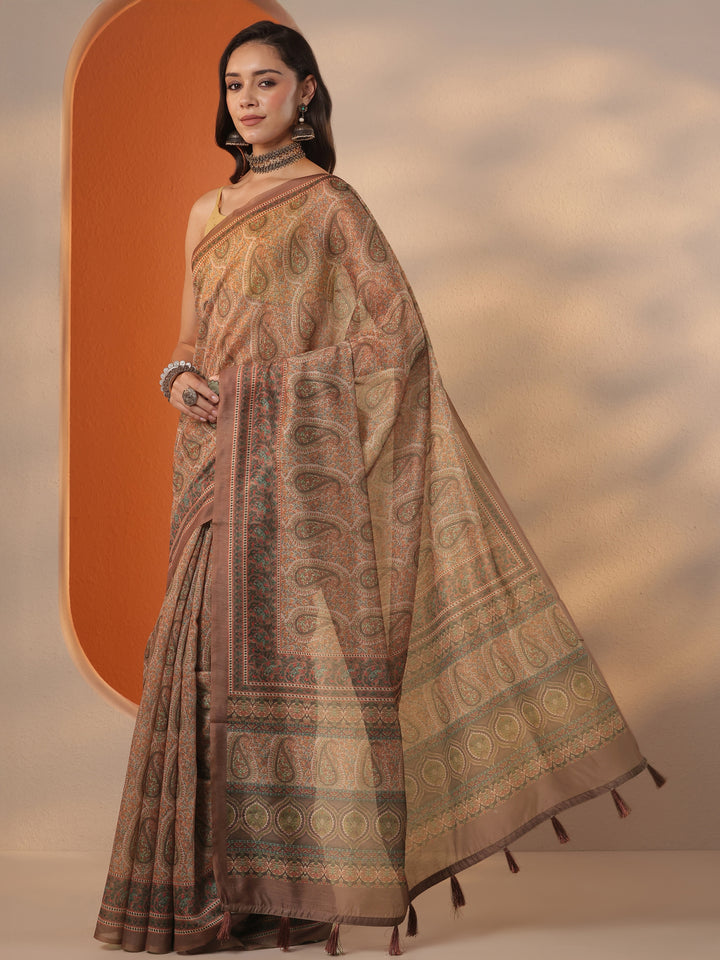 Brown Printed Silk Blend Saree With Unstitched Blouse Piece