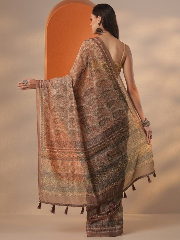 Brown Printed Silk Blend Saree With Unstitched Blouse Piece