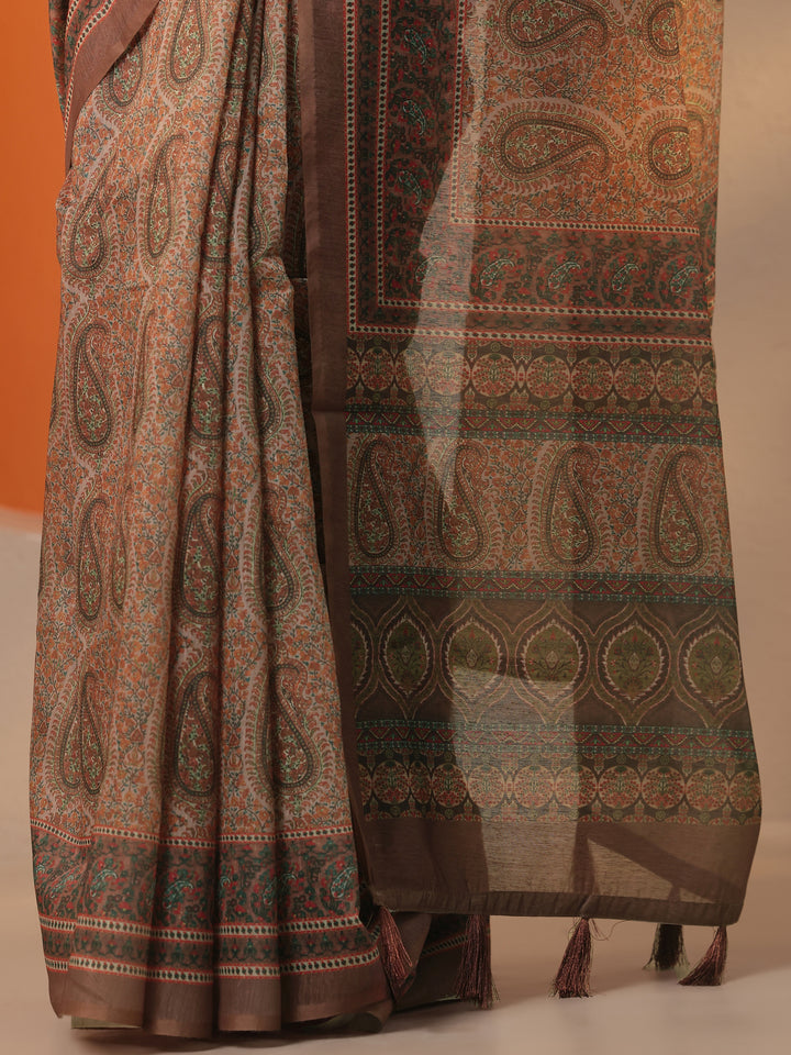 Brown Printed Silk Blend Saree With Unstitched Blouse Piece