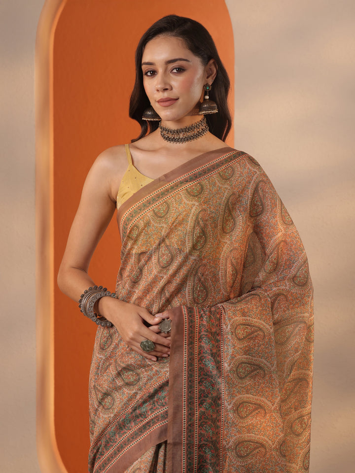Brown Printed Silk Blend Saree With Unstitched Blouse Piece