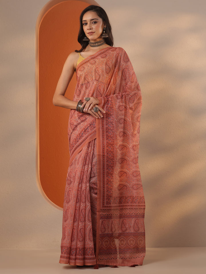 Coral Printed Silk Blend Saree With Unstitched Blouse Piece
