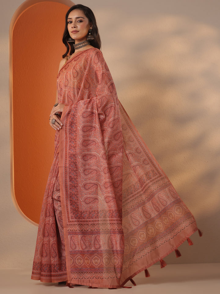 Coral Printed Silk Blend Saree With Unstitched Blouse Piece