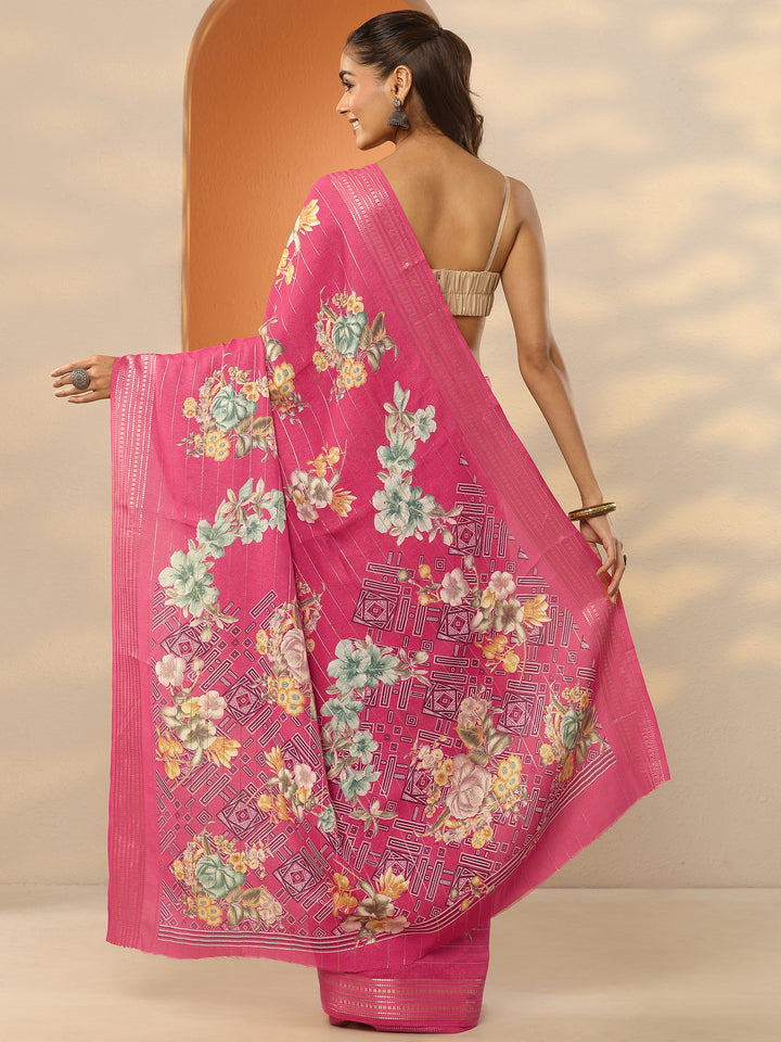 Pink Printed Silk Blend Saree With Unstitched Blouse Piece