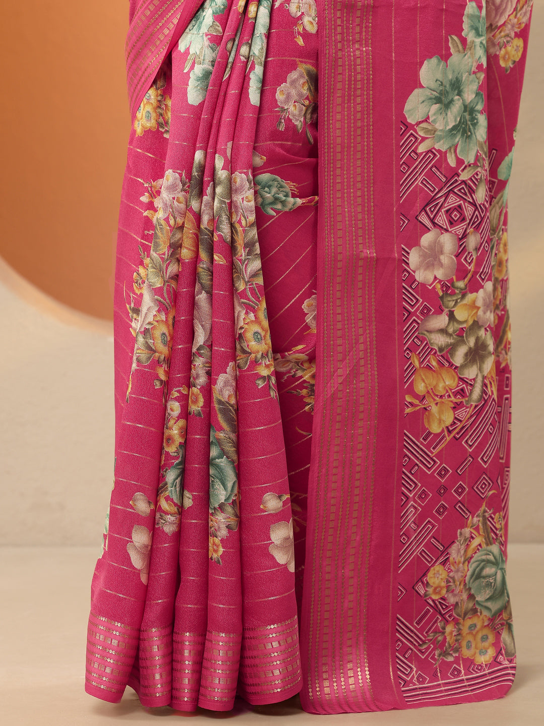 Pink Printed Silk Blend Saree With Unstitched Blouse Piece