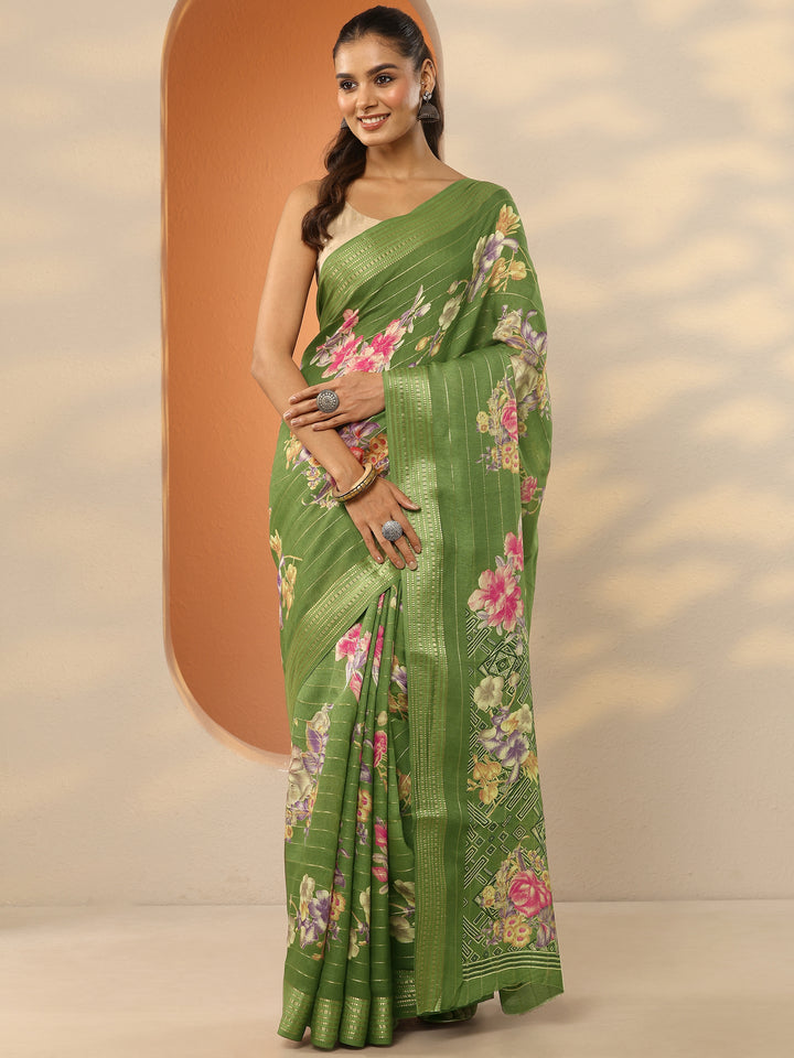 Green Printed Silk Blend Saree With Unstitched Blouse Piece