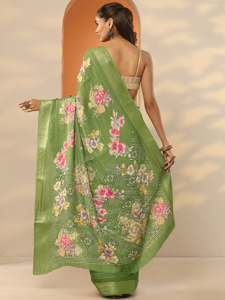 Green Printed Silk Blend Saree With Unstitched Blouse Piece