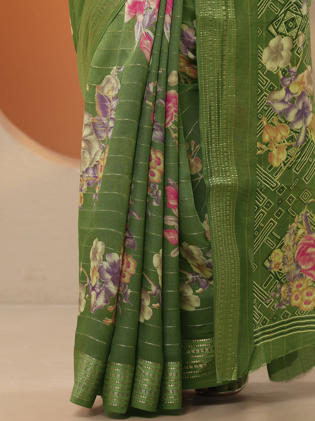 Green Printed Silk Blend Saree With Unstitched Blouse Piece