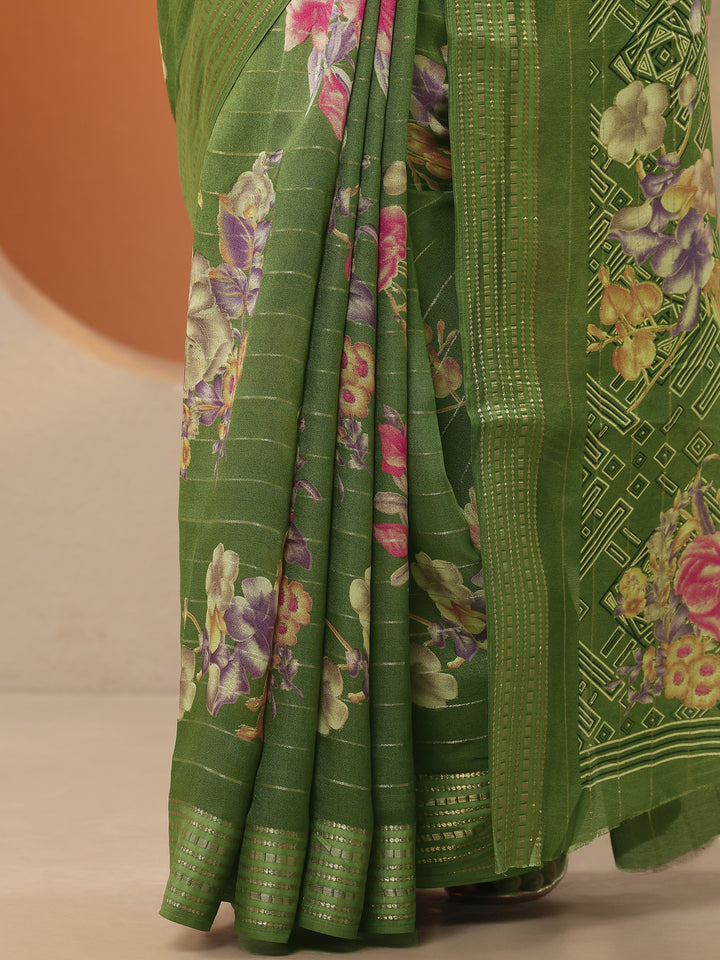 Green Printed Silk Blend Saree With Unstitched Blouse Piece