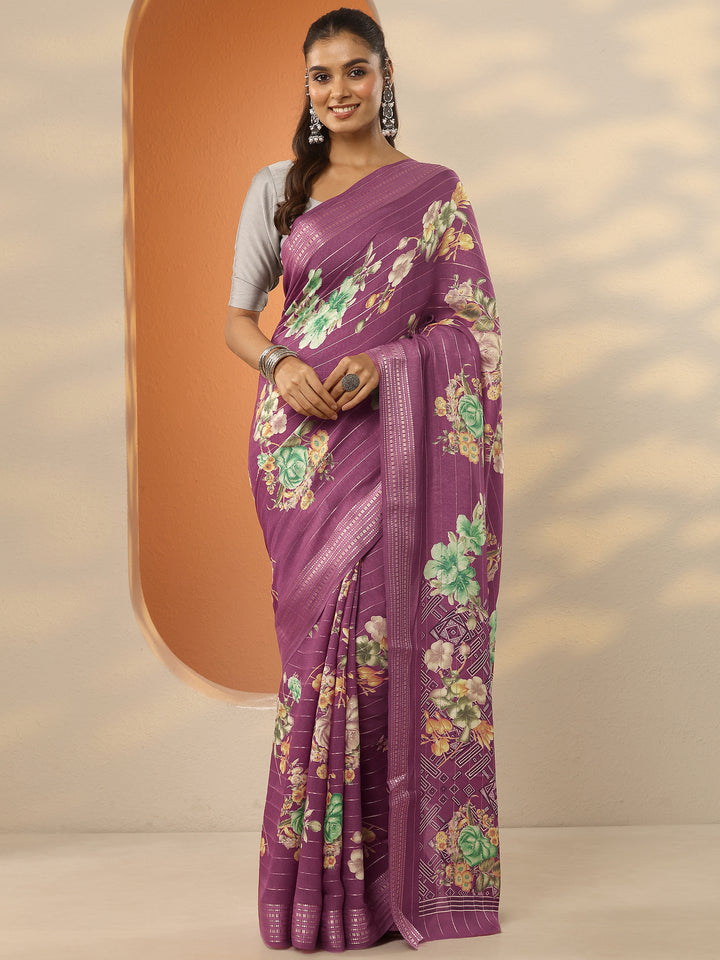 Burgundy Printed Silk Blend Saree With Unstitched Blouse Piece
