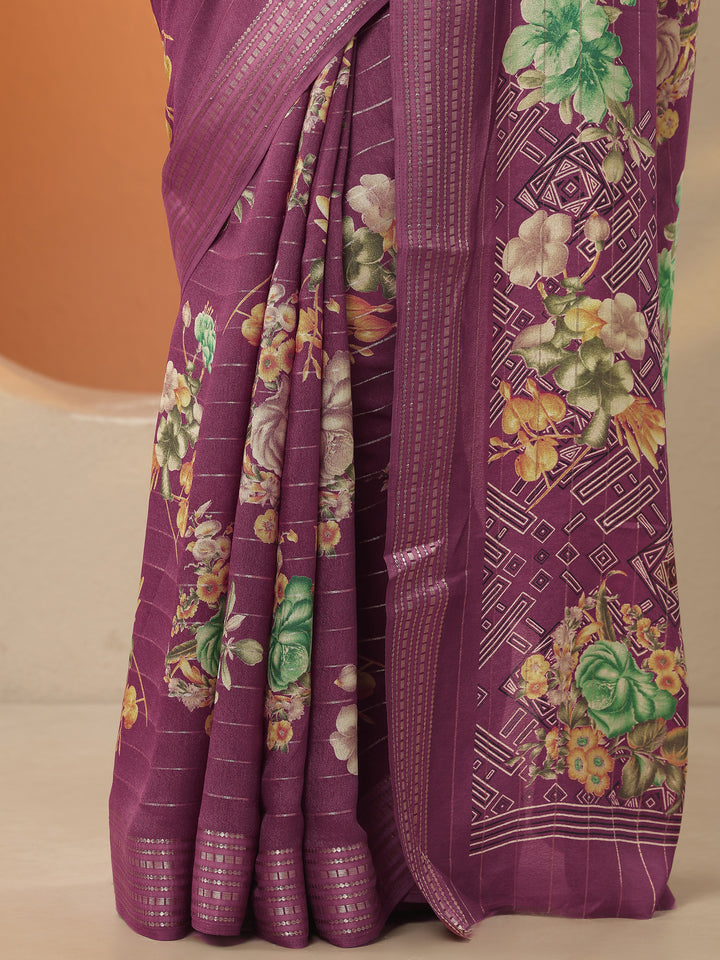 Burgundy Printed Silk Blend Saree With Unstitched Blouse Piece