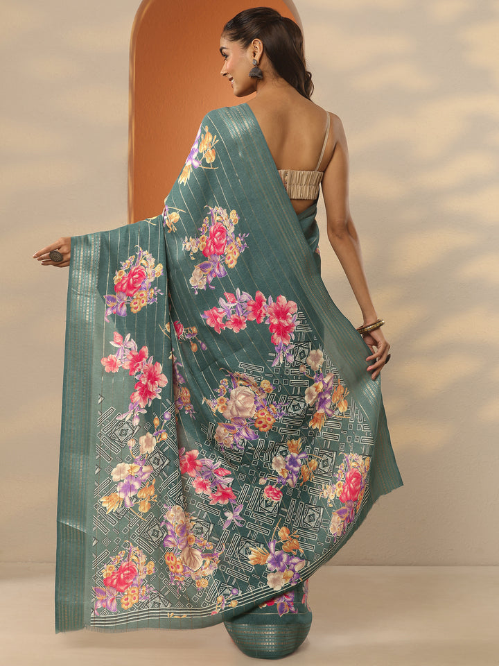 Green Printed Silk Blend Saree With Unstitched Blouse Piece