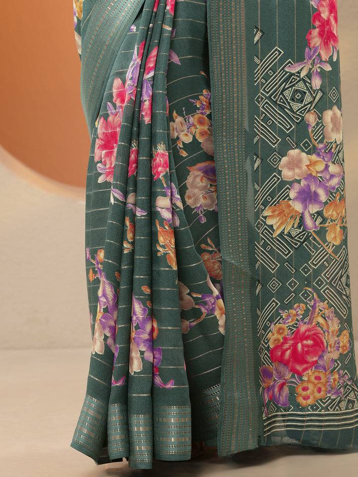 Green Printed Silk Blend Saree With Unstitched Blouse Piece
