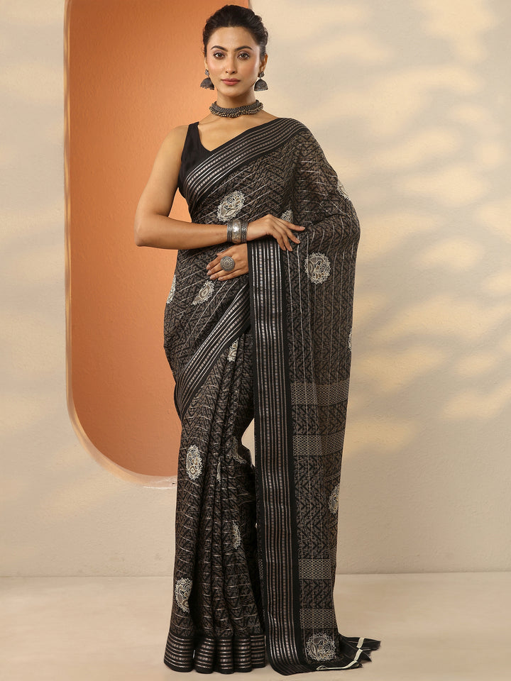 Black Printed Silk Blend Saree With Unstitched Blouse Piece