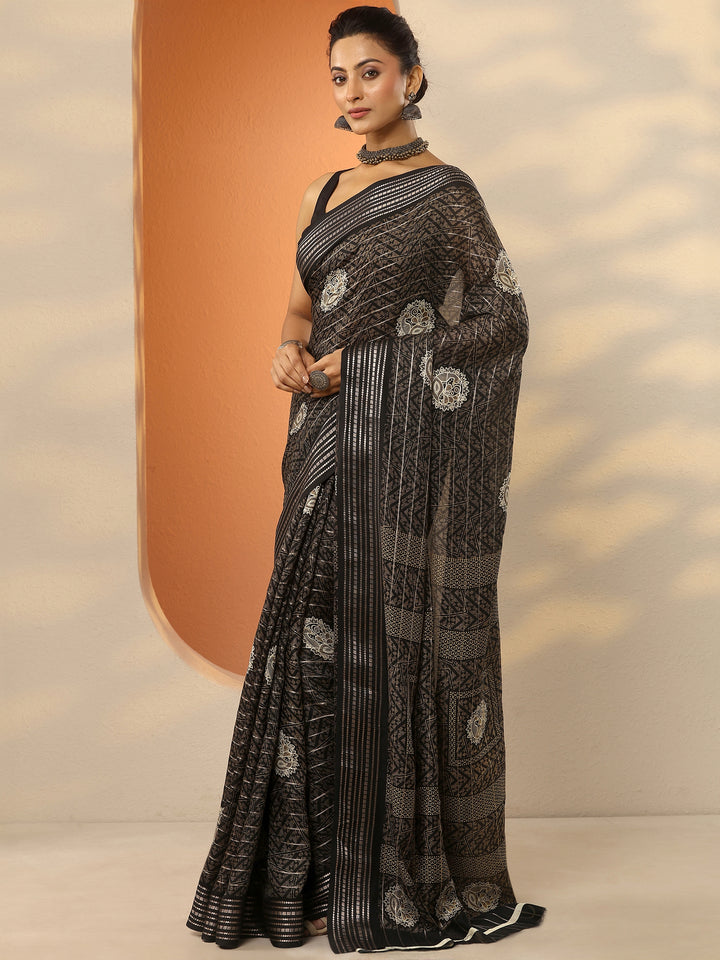 Black Printed Silk Blend Saree With Unstitched Blouse Piece