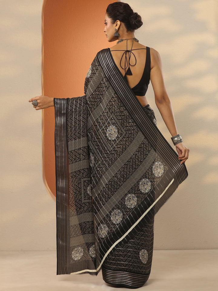 Black Printed Silk Blend Saree With Unstitched Blouse Piece