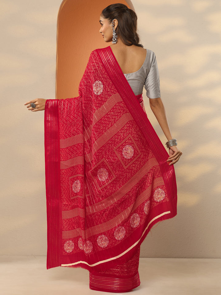 Red Printed Silk Blend Saree With Unstitched Blouse Piece
