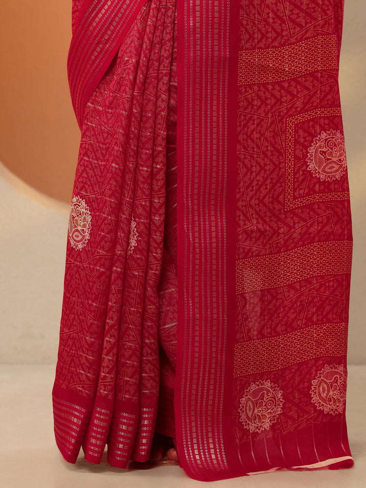 Red Printed Silk Blend Saree With Unstitched Blouse Piece