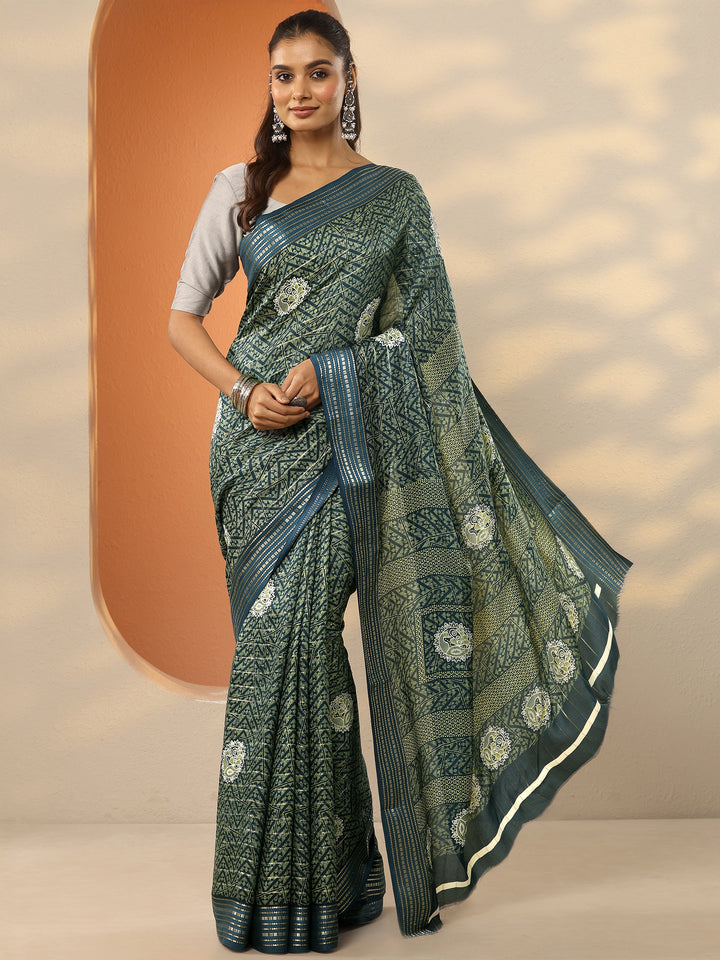Blue Printed Silk Blend Saree With Unstitched Blouse Piece