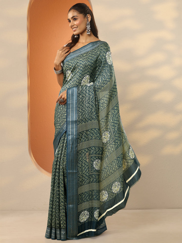 Blue Printed Silk Blend Saree With Unstitched Blouse Piece