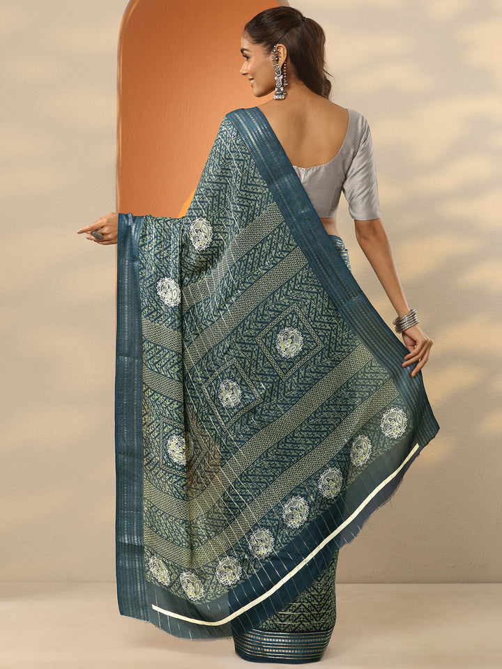 Blue Printed Silk Blend Saree With Unstitched Blouse Piece