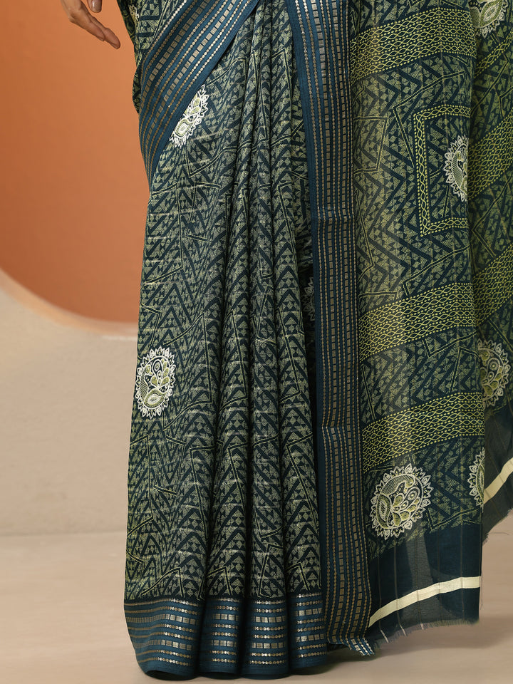 Blue Printed Silk Blend Saree With Unstitched Blouse Piece