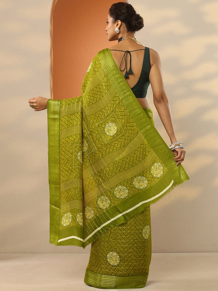 Green Printed Silk Blend Saree With Unstitched Blouse Piece