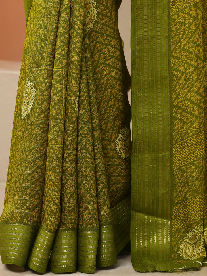 Green Printed Silk Blend Saree With Unstitched Blouse Piece