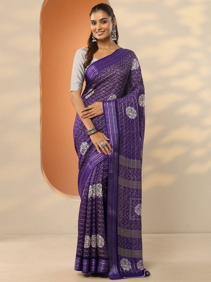 Purple Printed Silk Blend Saree With Unstitched Blouse Piece