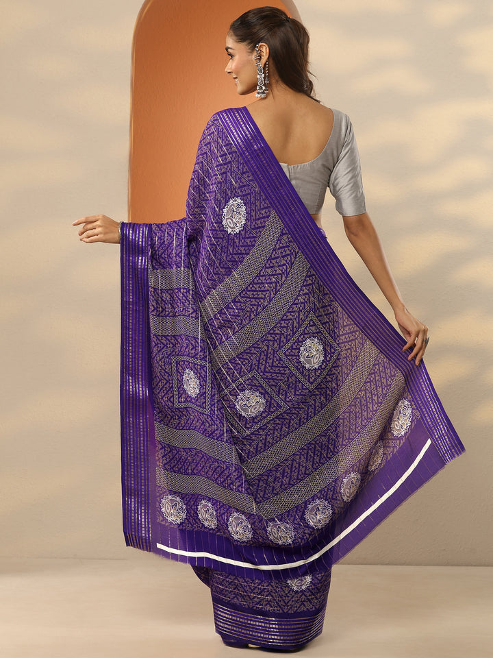Purple Printed Silk Blend Saree With Unstitched Blouse Piece