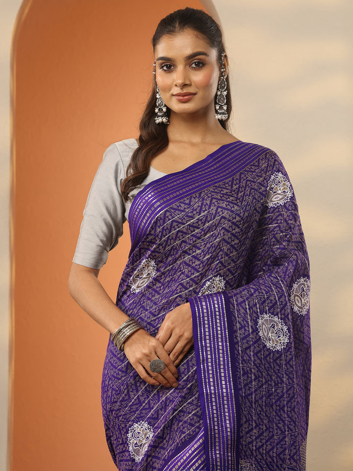 Purple Printed Silk Blend Saree With Unstitched Blouse Piece