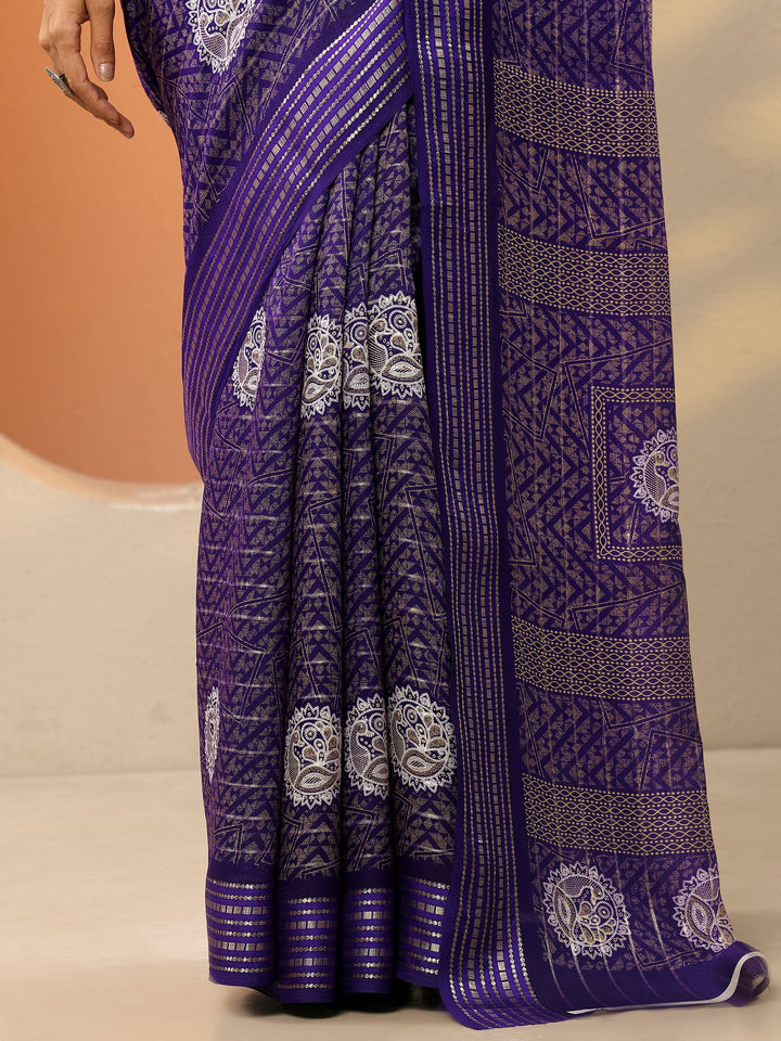 Purple Printed Silk Blend Saree With Unstitched Blouse Piece