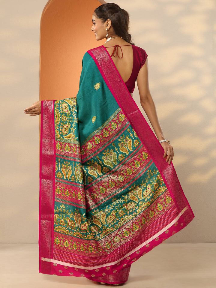 Teal Printed Silk Blend Saree With Unstitched Blouse Piece