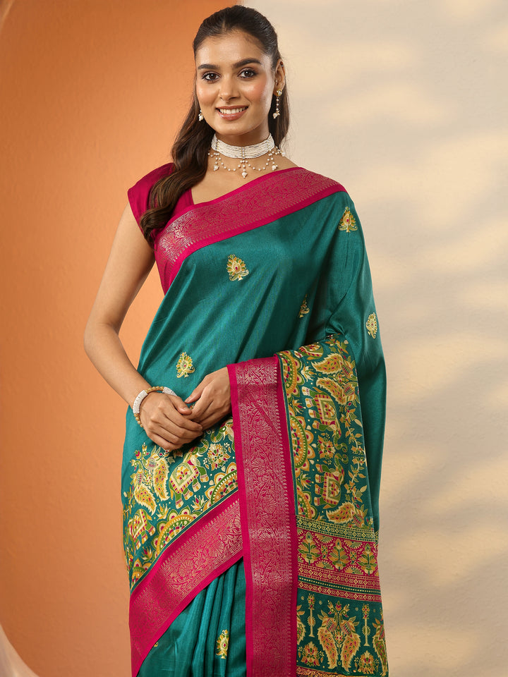 Teal Printed Silk Blend Saree With Unstitched Blouse Piece