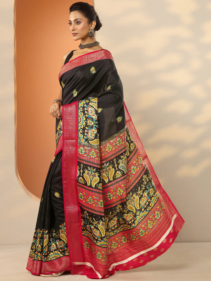 Black Printed Silk Blend Saree With Unstitched Blouse Piece