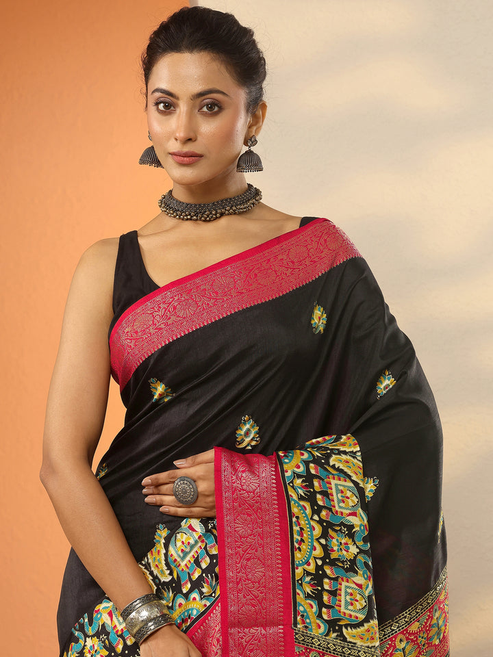 Black Printed Silk Blend Saree With Unstitched Blouse Piece