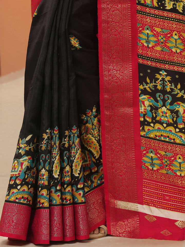 Black Printed Silk Blend Saree With Unstitched Blouse Piece