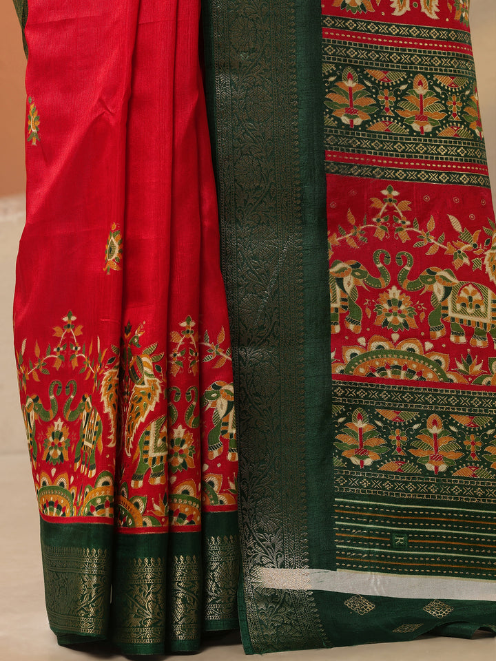 Red Printed Silk Blend Saree With Unstitched Blouse Piece