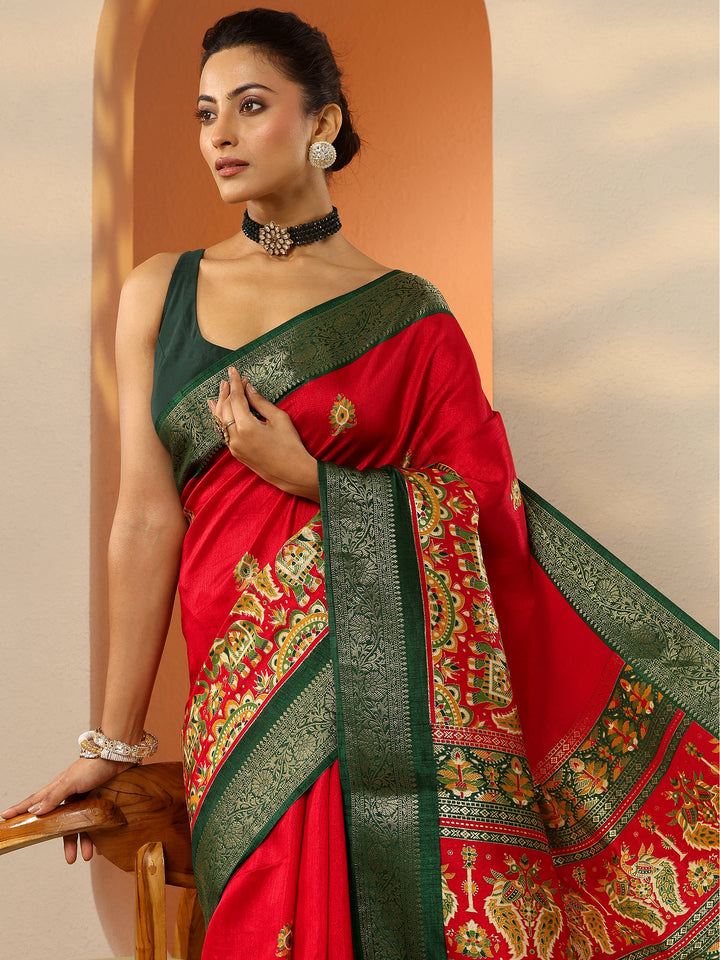 Red Printed Silk Blend Saree With Unstitched Blouse Piece