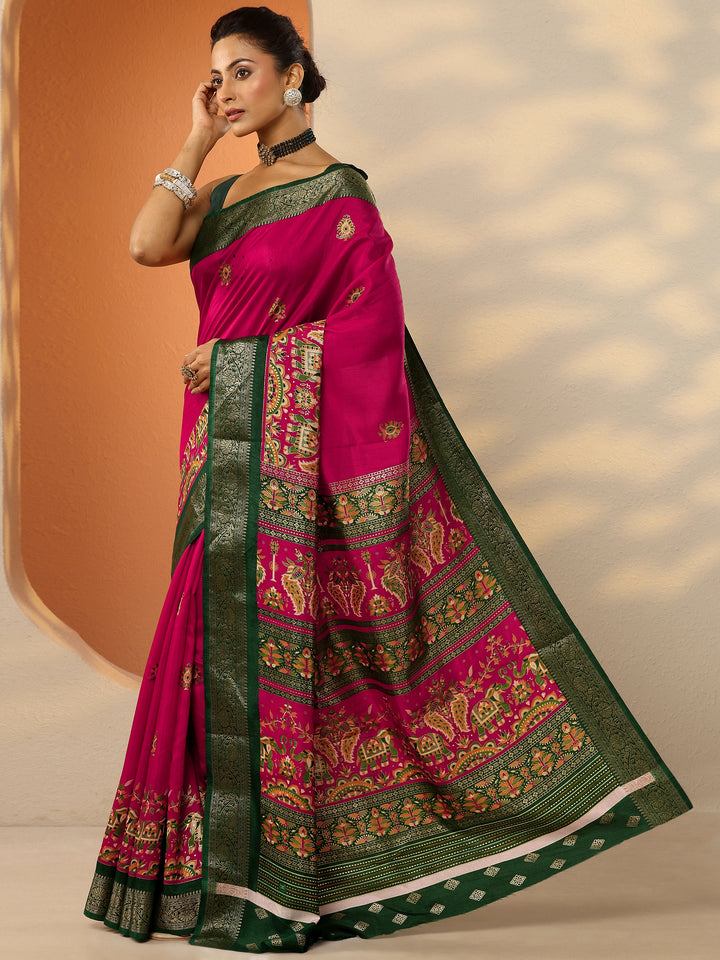 Pink Printed Silk Blend Saree With Unstitched Blouse Piece