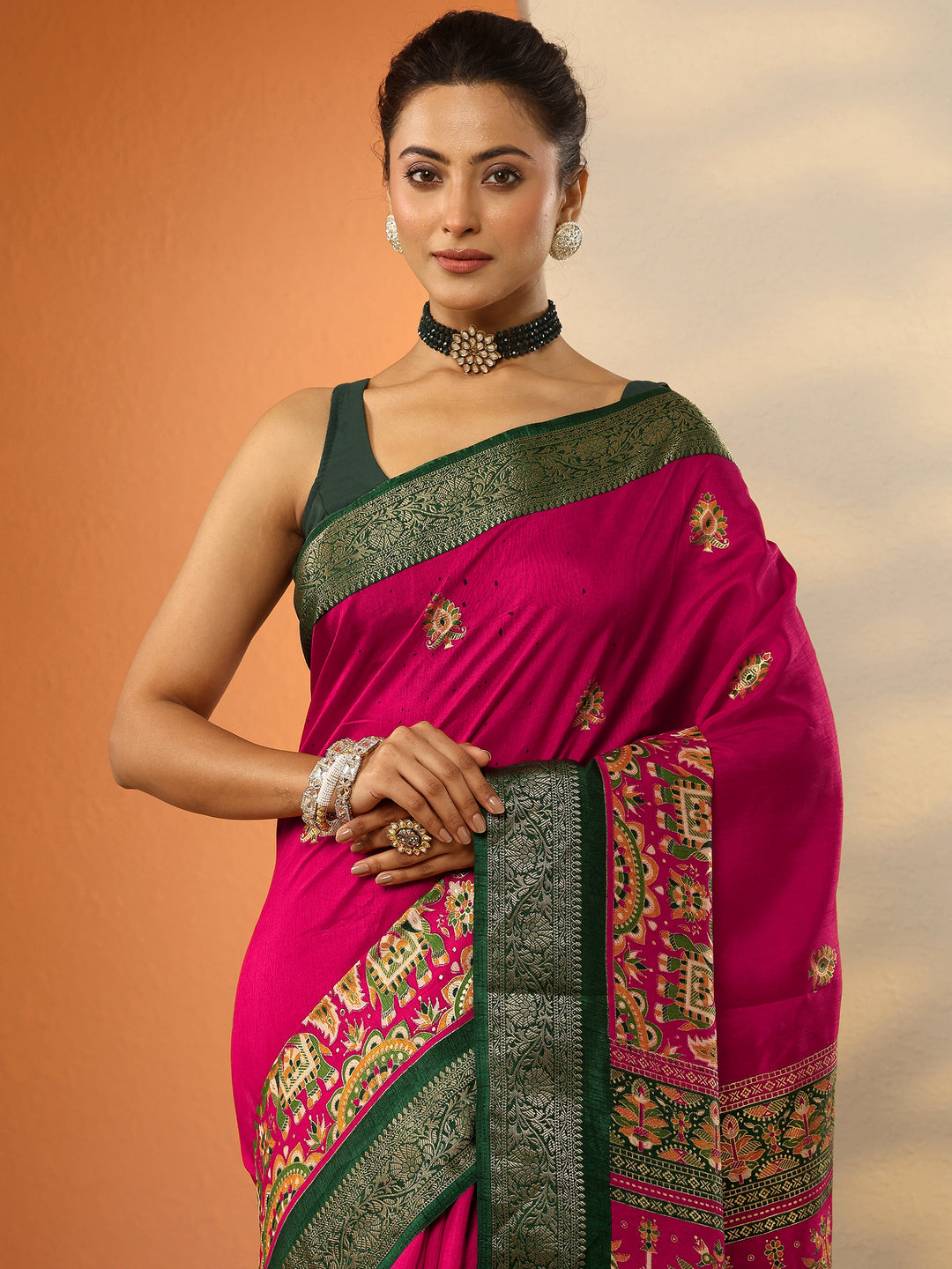 Pink Printed Silk Blend Saree With Unstitched Blouse Piece